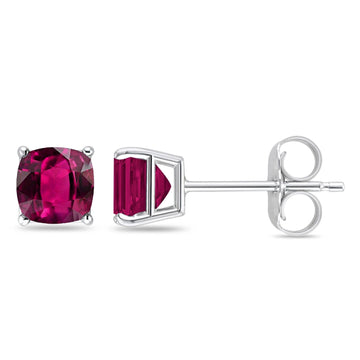 Solitaire Cushion Stud Earrings Simulated Ruby CZ 925 Sterling Silver